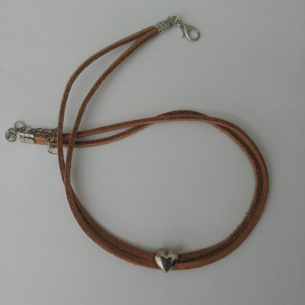 Y2K Brown leather double strand short necklace choker silver heart - Picture 1 of 9